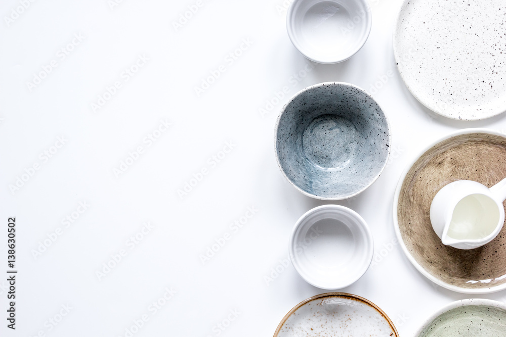 ceramic tableware top view on white background mock up