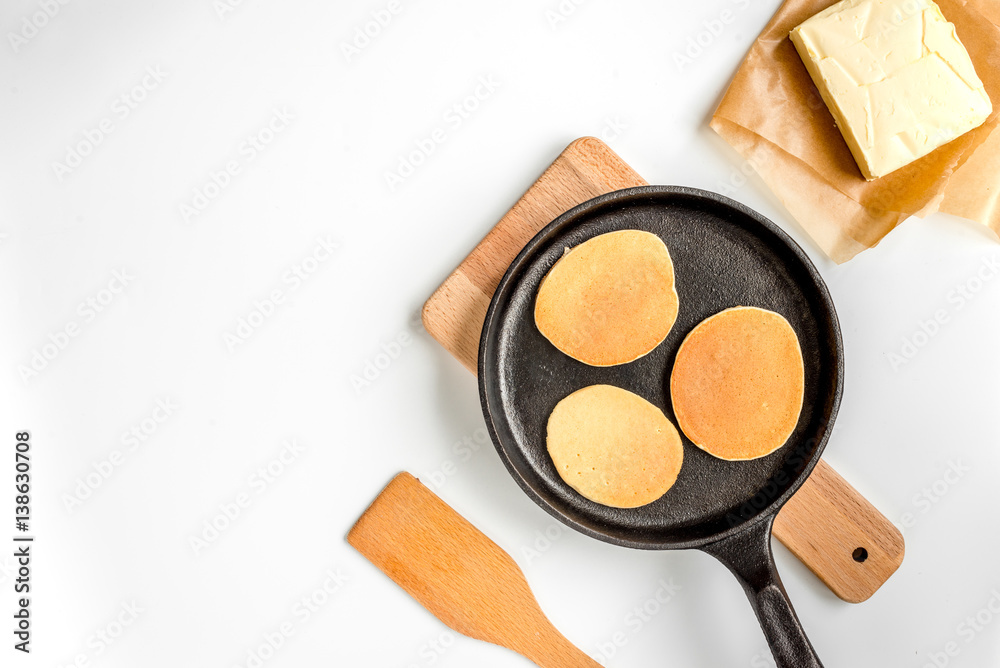 cooking pancake on white background top view ingredients for making