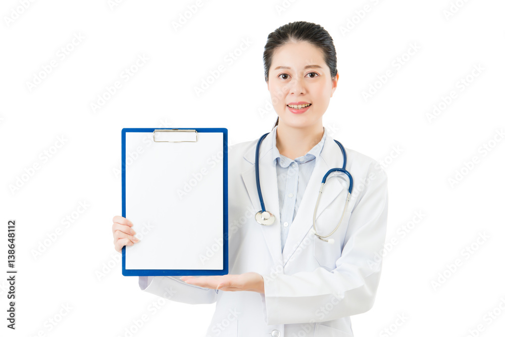 beauty asian doctor presenting showing blank clipboard