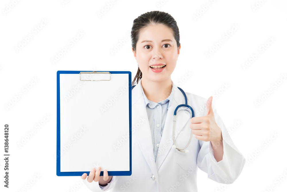 beauty asian doctor thumbs up showing blank clipboard