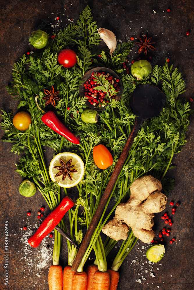 fresh carrots bunch, herbs and spices