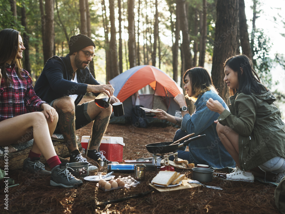 Friends Camping Eating Food Concept