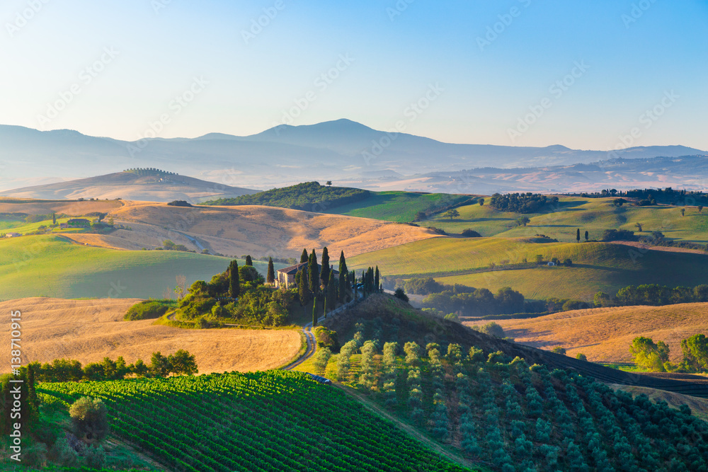 Scenic Tuscany landscape at sunrise, Val dOrcia, Italy