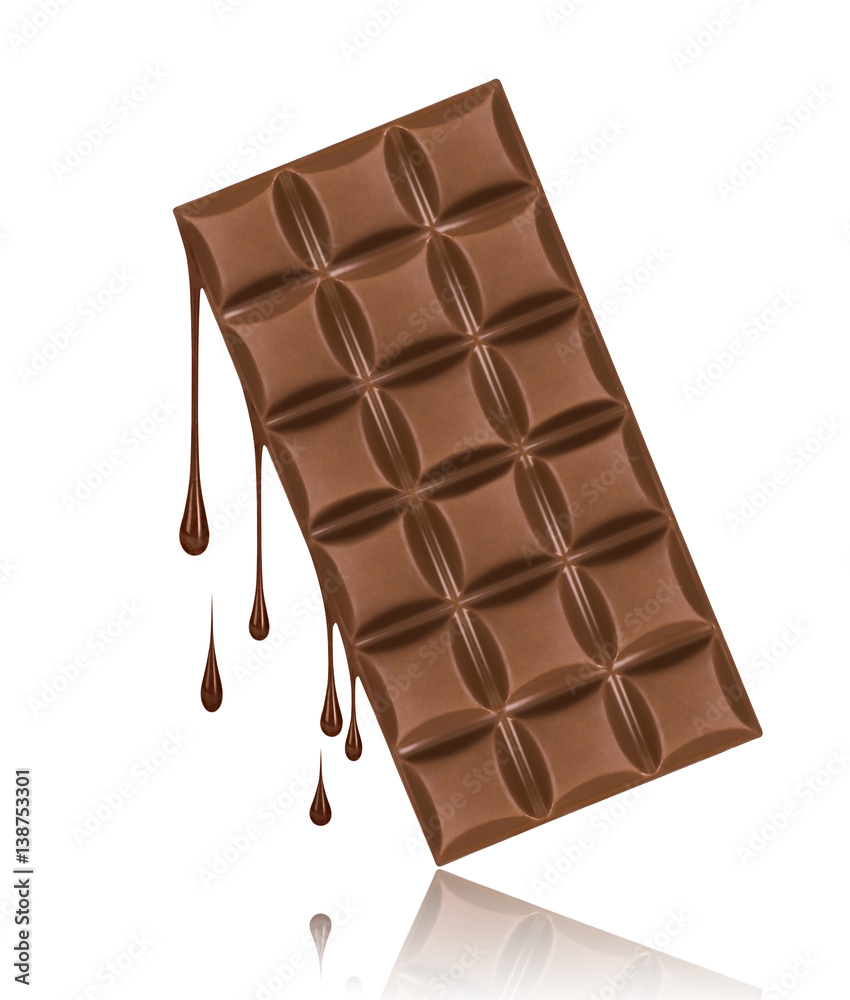 Chocolate dripping from chocolate bar isolated on white background