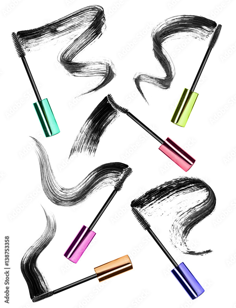 Set of mascara brushes with different mascara strokes, isolated on white background