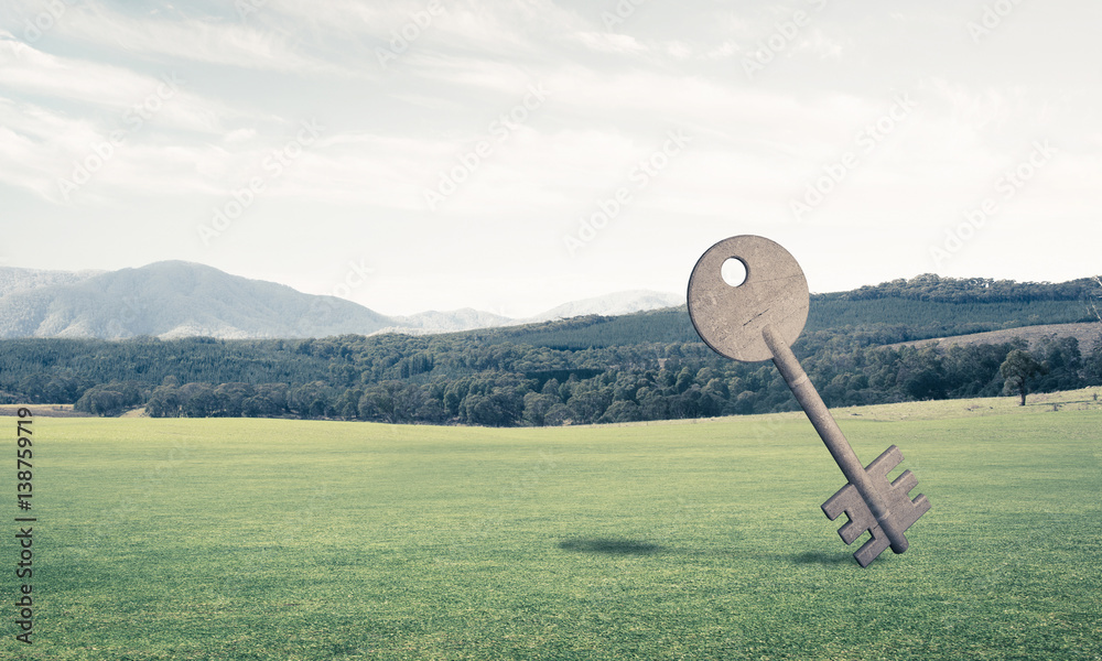 Conceptual background image of concrete key sign on green field