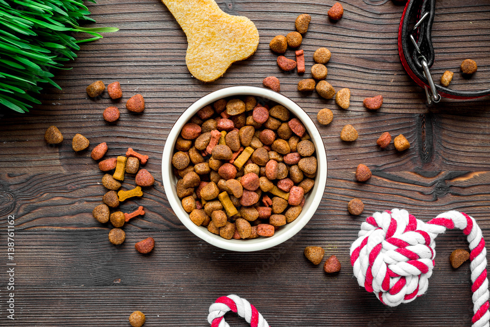 dry dog food in bowl on wooden background top view