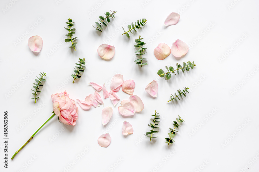 woman table with flower and herbs top view white background pattern