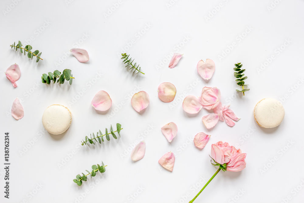 spring pattern with macaroons and flower in soft light top view