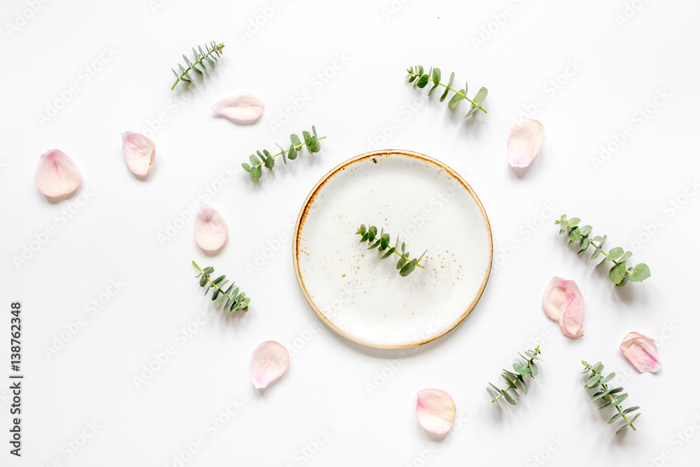 light breakfast disign with flowers on white table top view mock up