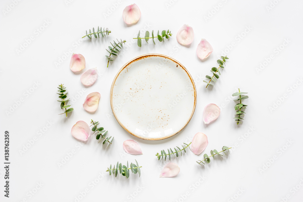 light breakfast with spring pattern on white background top view mock up