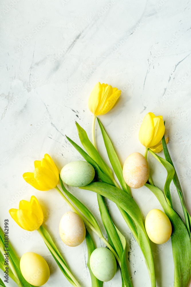 Easter concept eggs with tulip top view mock up