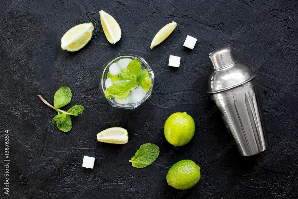 making mojito on dark background top view