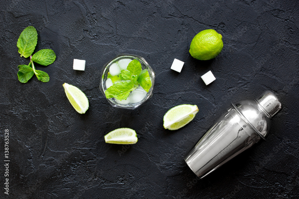 making mojito on dark background top view