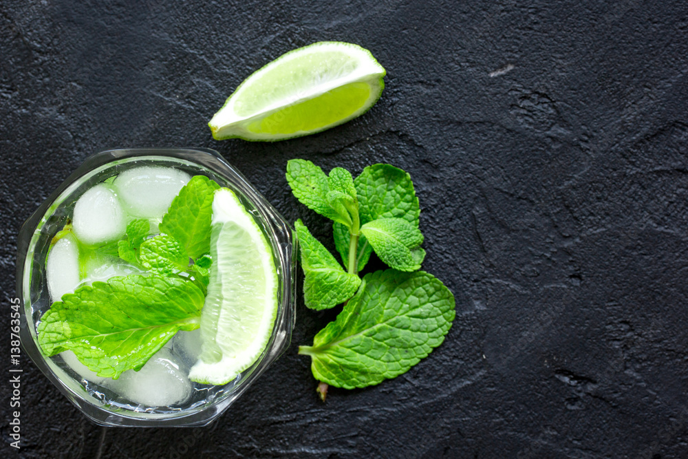 making mojito on dark background top view