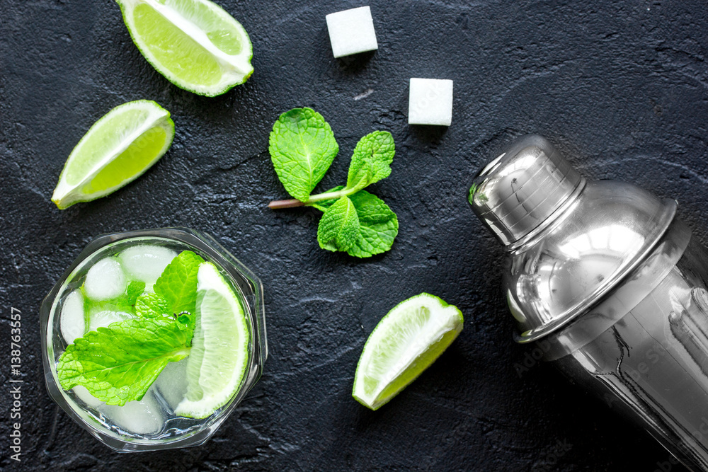 making mojito on dark background top view