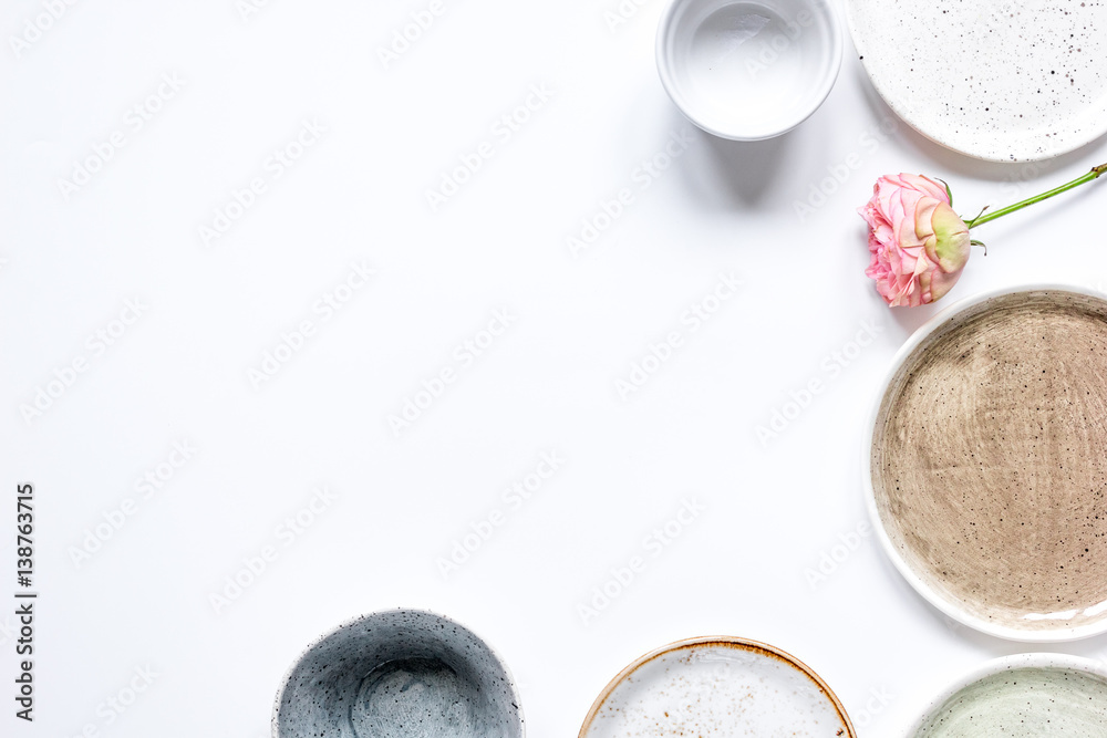 ceramic tableware top view on white background mock up