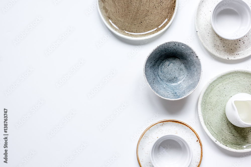 ceramic tableware top view on white background mock up