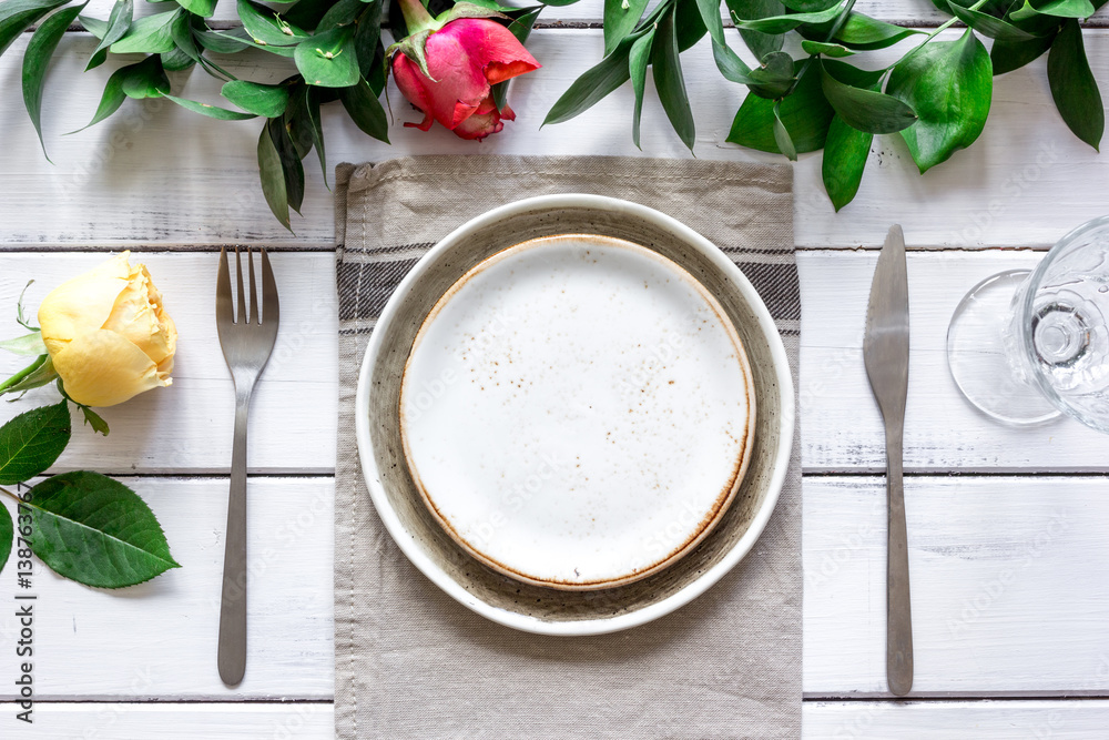 ceramic tableware top view on wooden background mock up