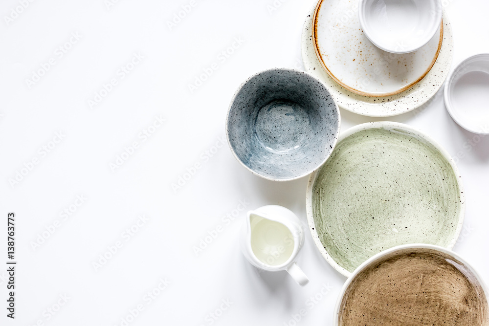 ceramic tableware top view on white background mock up