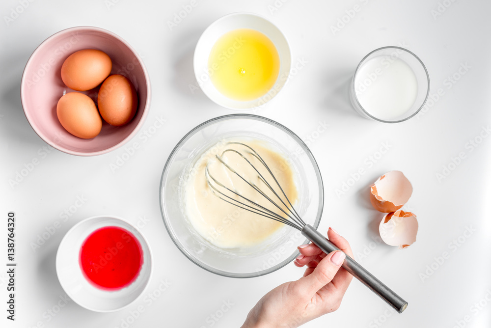 cooking pancake on white background top view ingredients for making