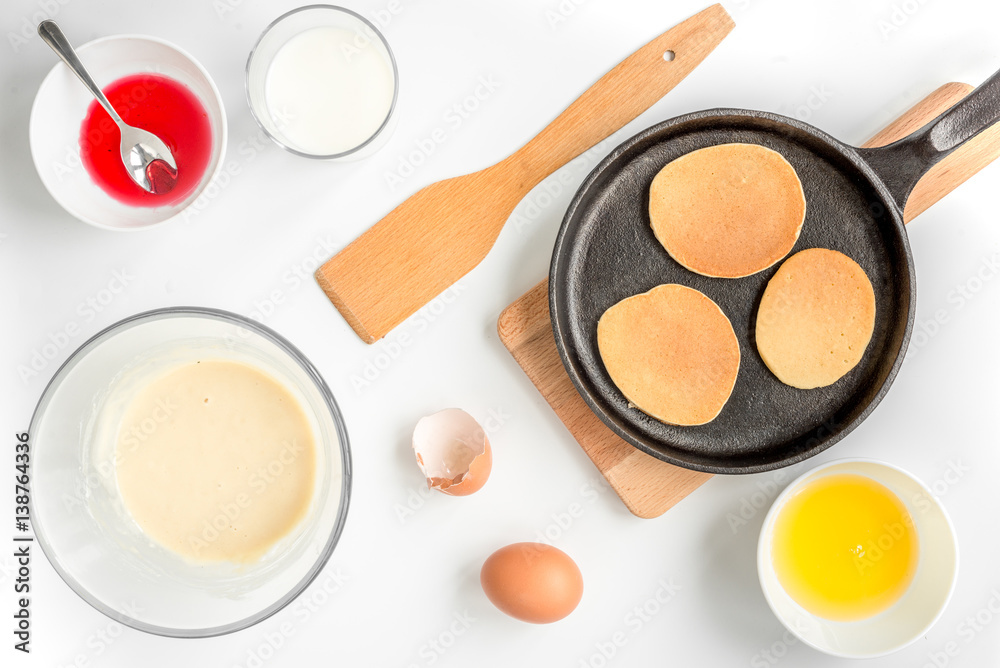 cooking pancake on white background top view ingredients for making