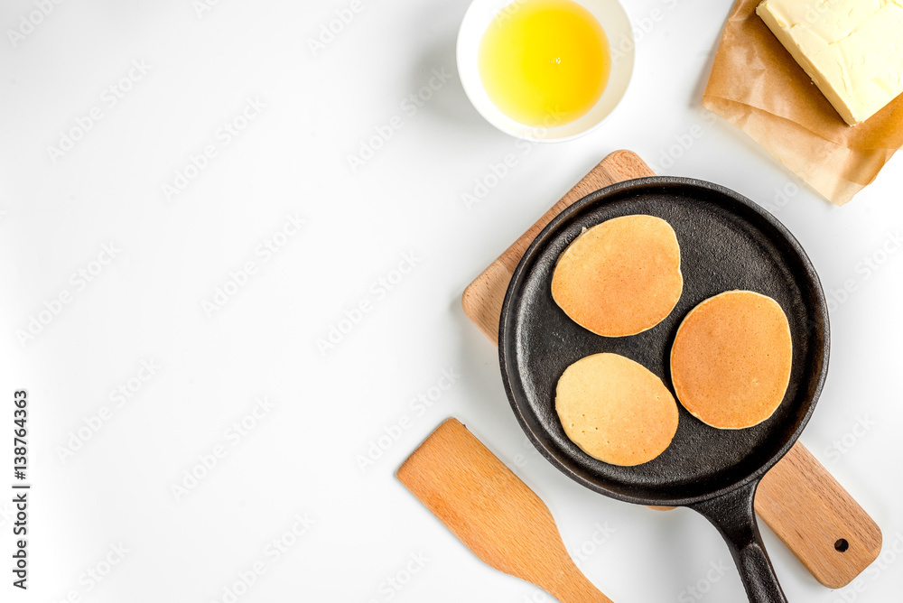 cooking pancake on white background top view ingredients for making