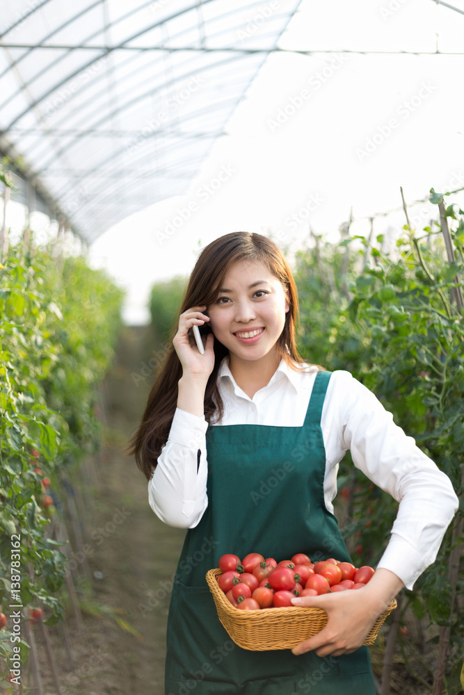 young beautiful asian woman works in green field