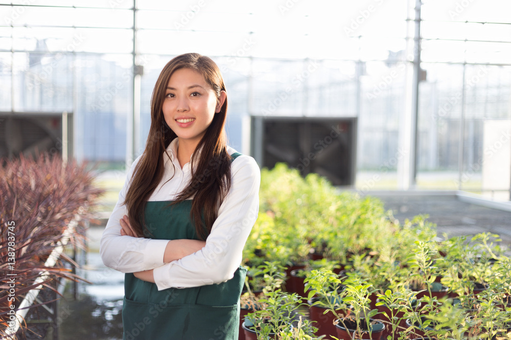 young beautiful asian woman works in green field