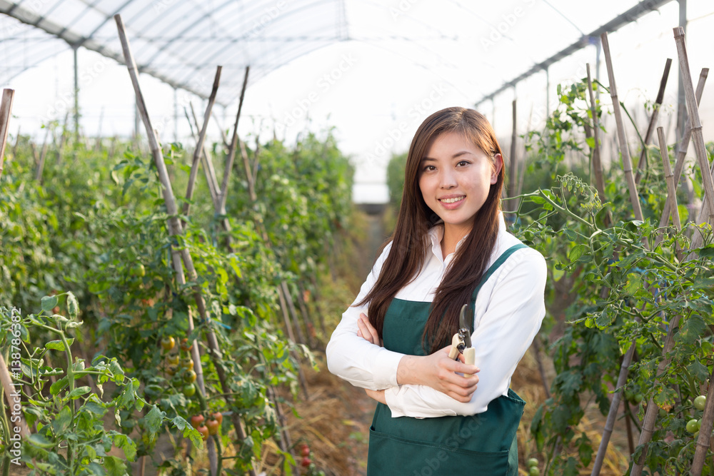 年轻漂亮的亚洲女人在绿色的田野里工作