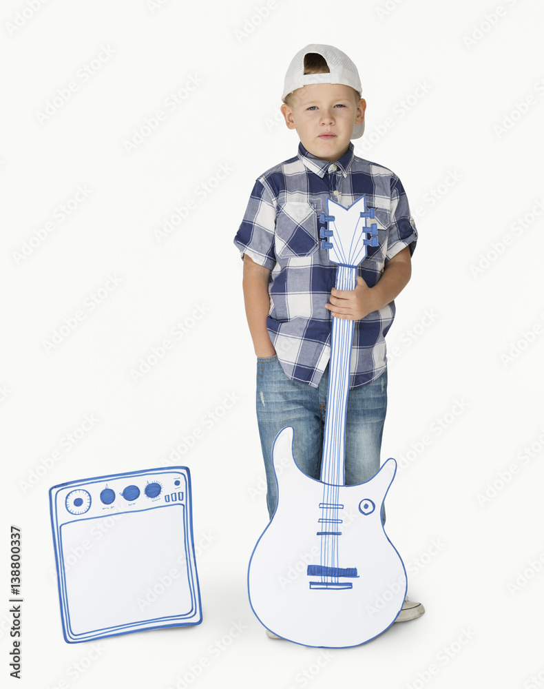 Portrait of a Little Blond Caucasian Boy with Guitar Isolated