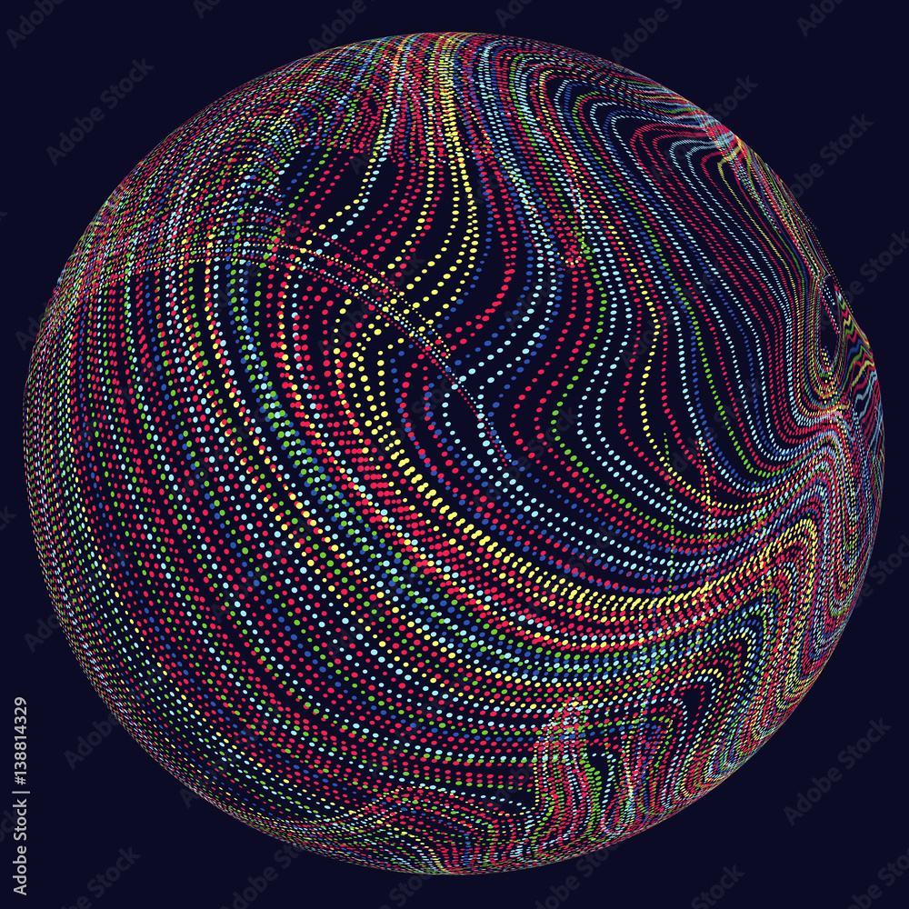 Three-dimensional sphere composed of multicolored curves, abstract graphics.