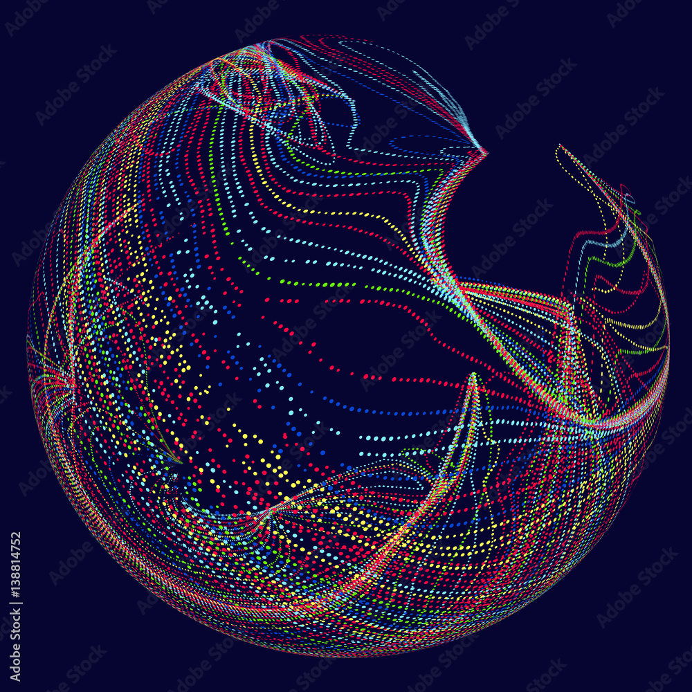 Three-dimensional sphere composed of multicolored curves, abstract graphics.