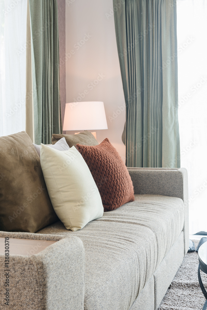 set of pillows on classic sofa in modern living room