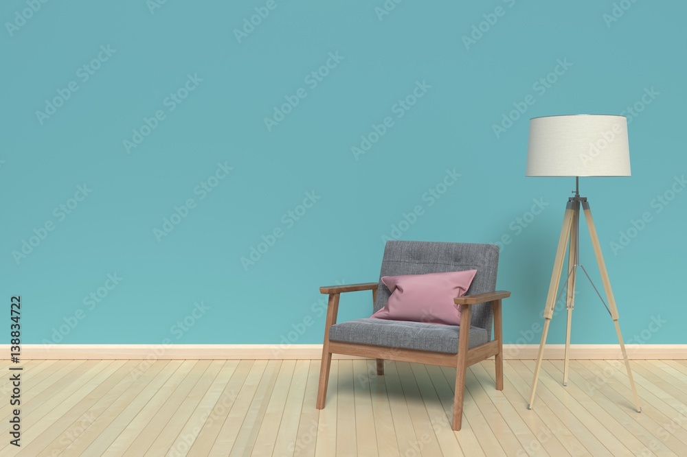 Armchair and lamp on empty white wall background,3D rendering