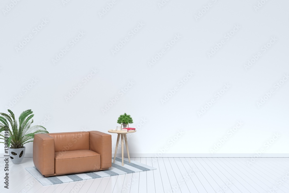 Interior with Armchair Leather on empty white wall background. 3D rendering