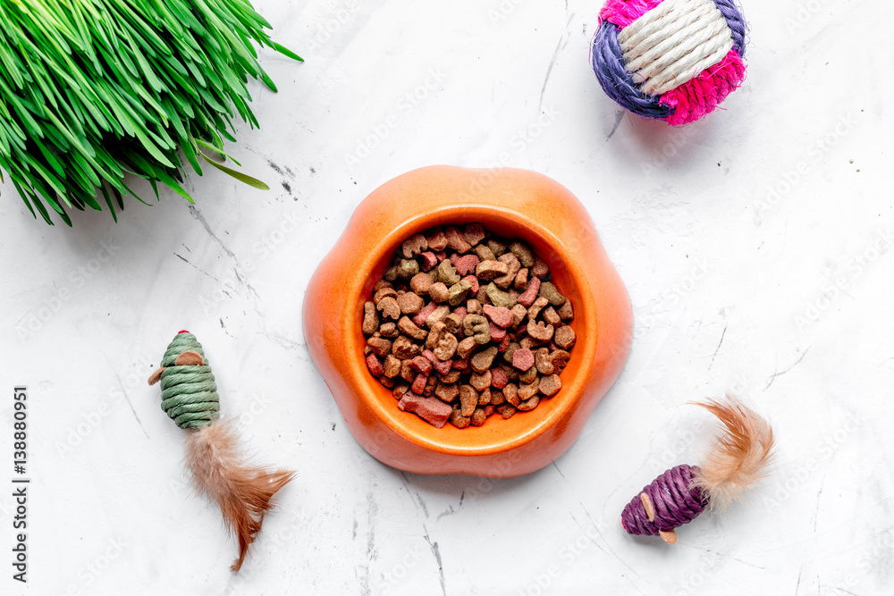 dry cat food in bowl on stone background top view