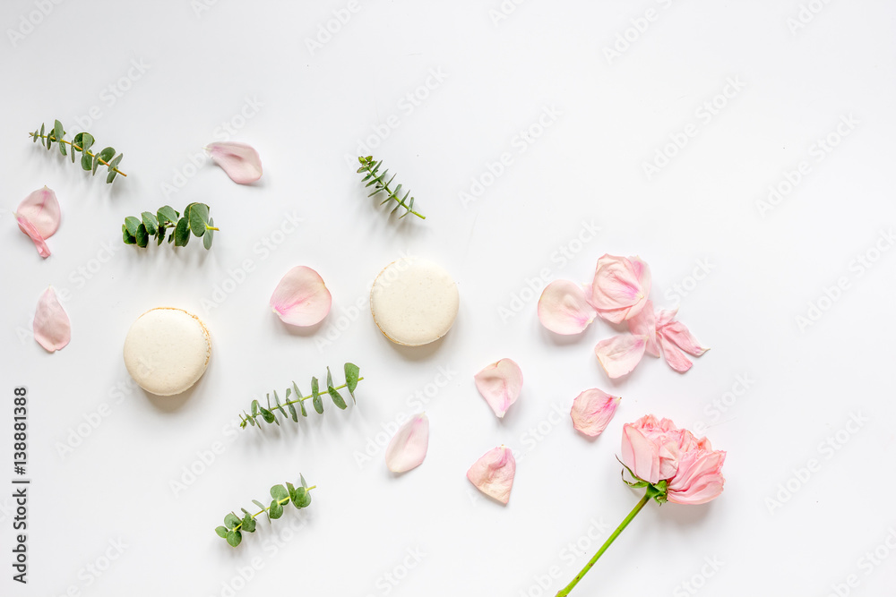 spring pattern with macaroons and flower in soft light top view