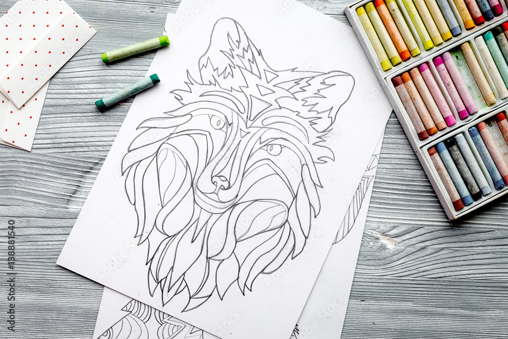 coloring picture for adults on wooden background top view