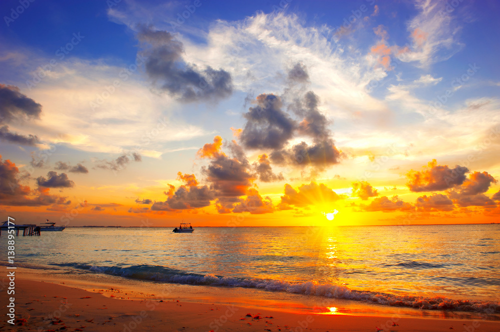 Sunset beach. Paradise scene of Caribbean island