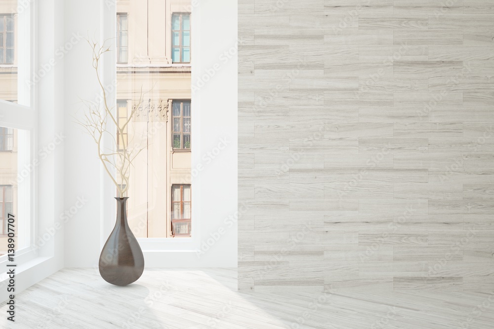 White empty room with vase and urban landscape in window. Scandinavian interior design