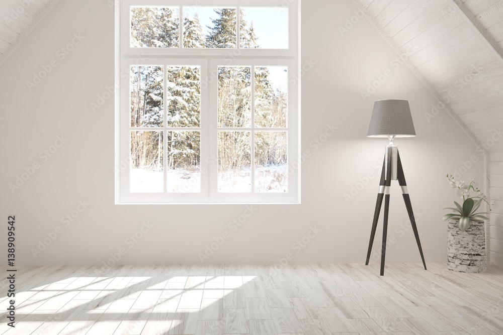 White empty room with lamp and winter landscape in window. Scandinavian interior design