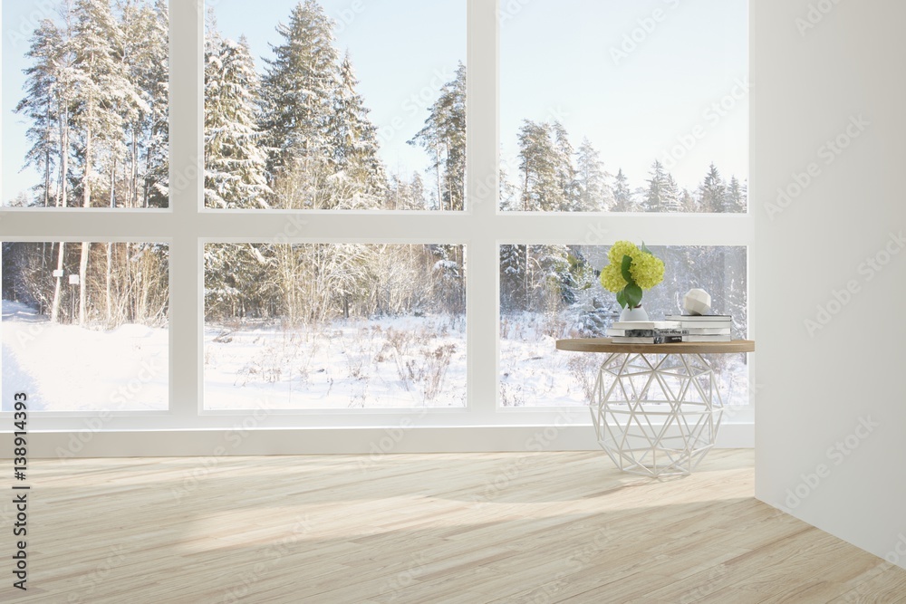 White empty room with table and winter landscape in window. Scandinavian interior design