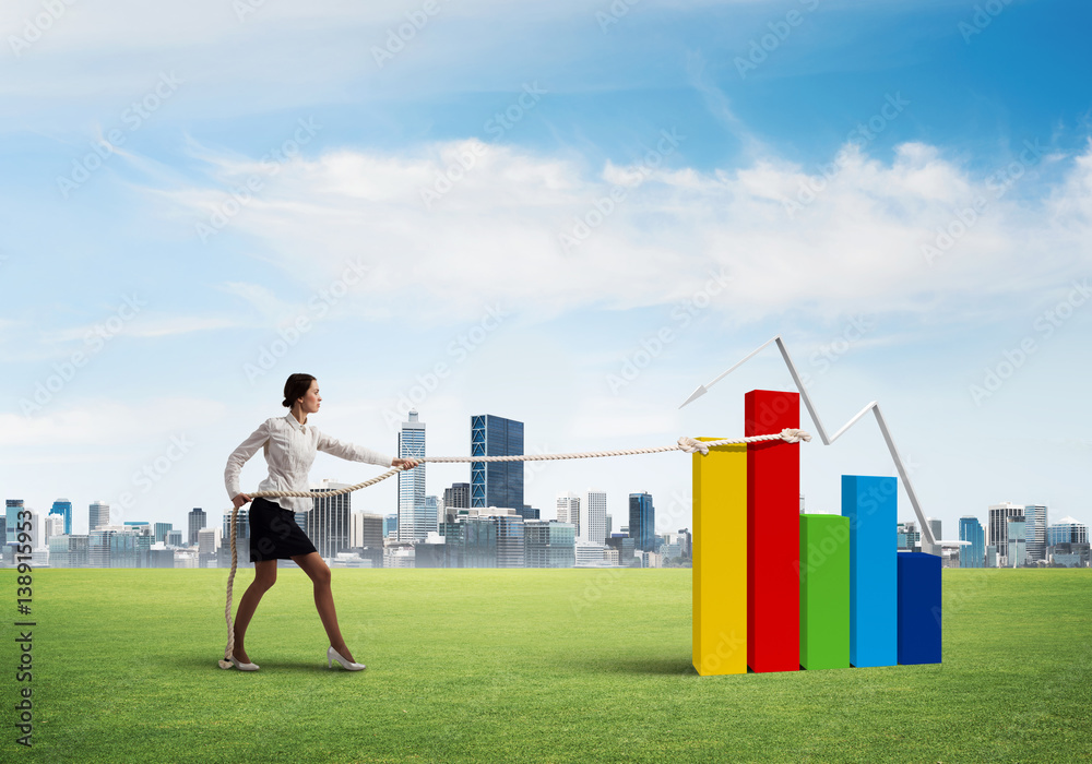 Businesswoman pulling arrow with rope and making it raise up