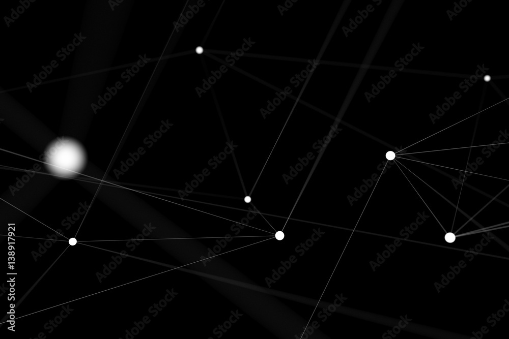 漂浮的白色和蓝色发光点网络3D渲染