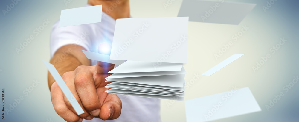 Businessman touching floating business card 3D rendering