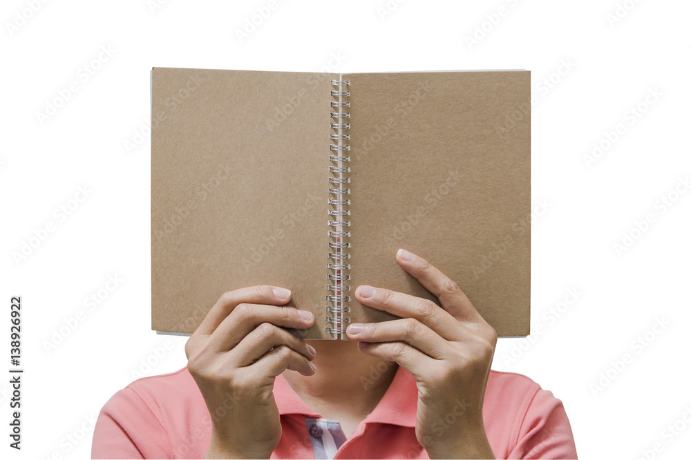 Close up two hand holding blank brown note book on white background. File contains a clipping path.