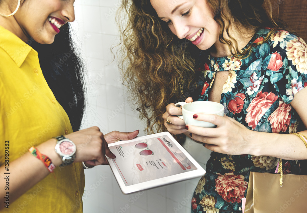 Women Friends Shopaholics Summer Sales Concept