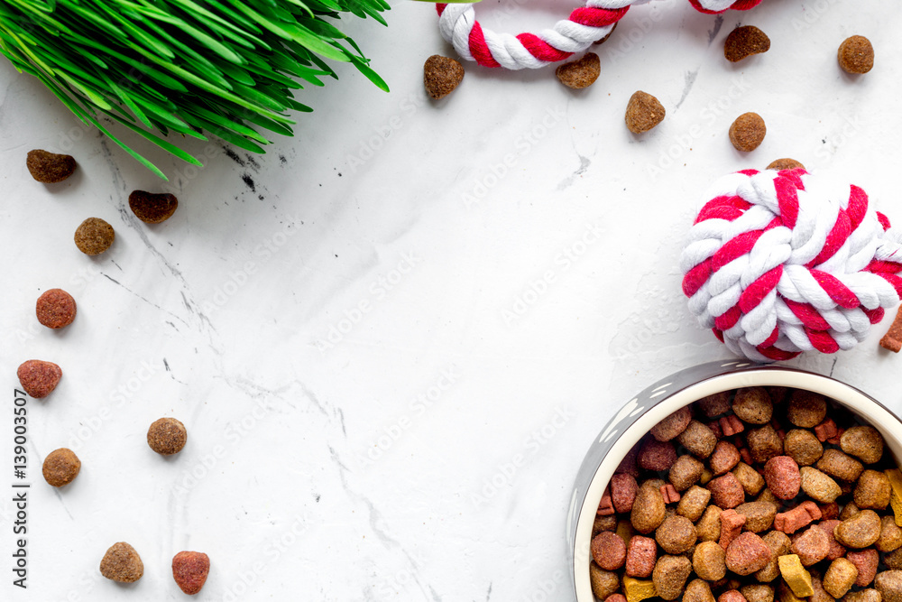 dry dog food in bowl on stone background top view