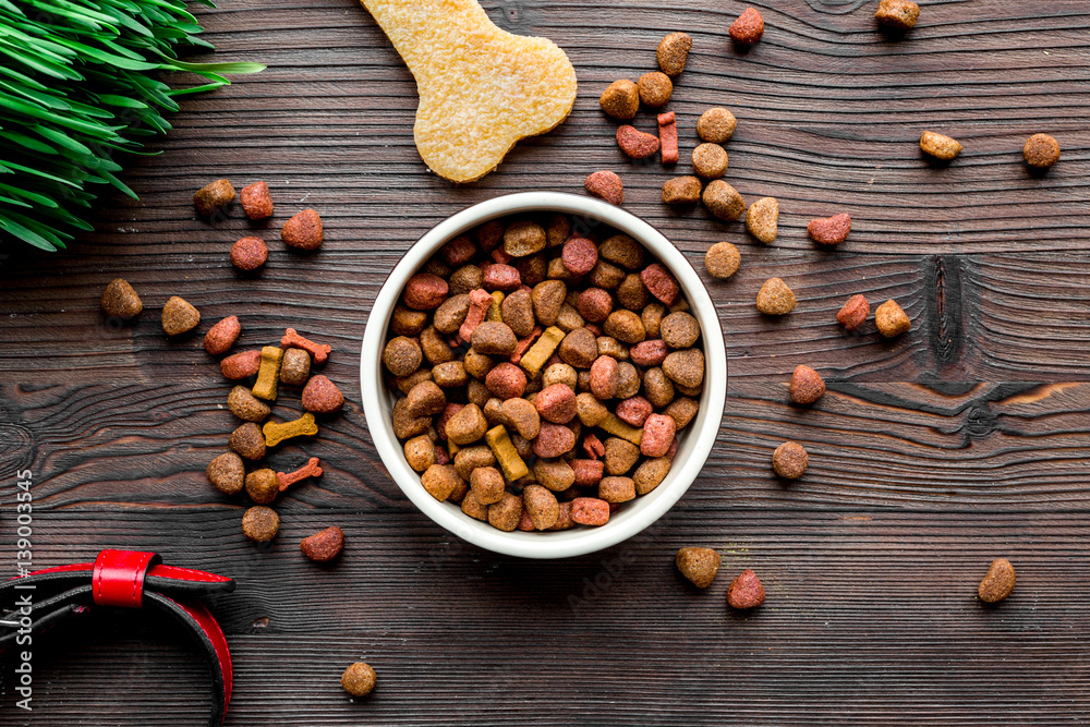 dry dog food in bowl on wooden background top view